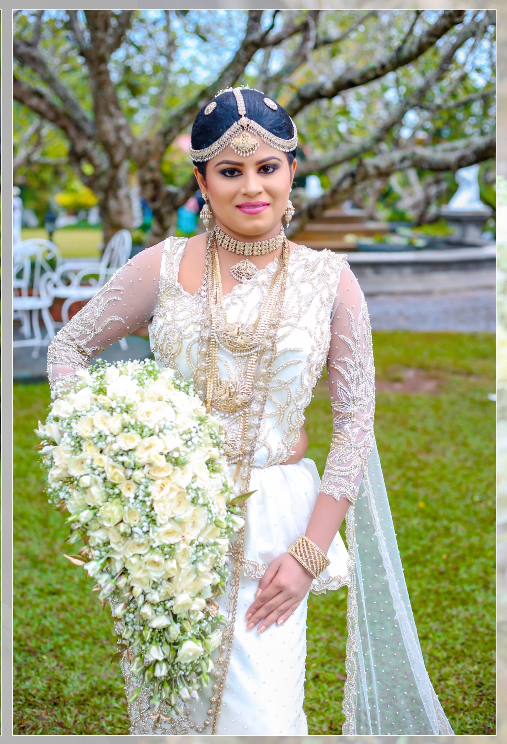 Bride walking alone in the garden