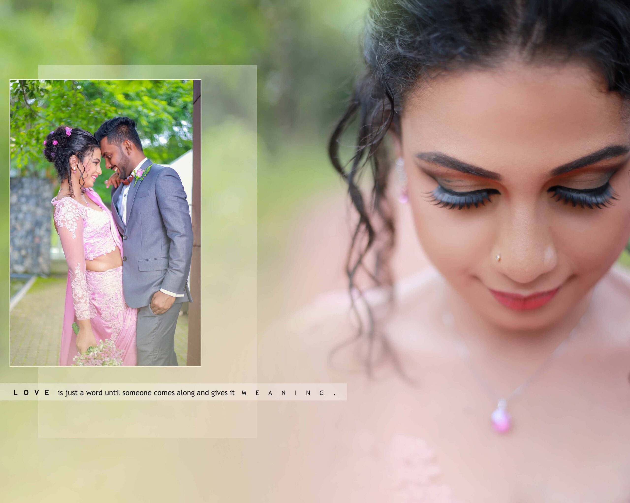 Bride and groom holding hands while standing in a lush green garden.