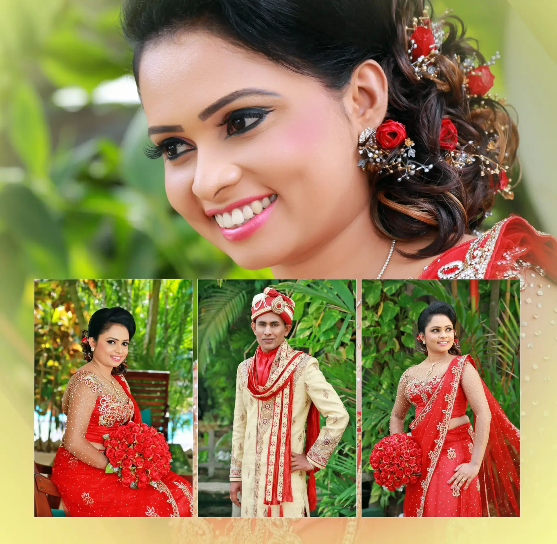 Sri Lankan couple in Indian-style wedding attire, girl wearing a red saree.