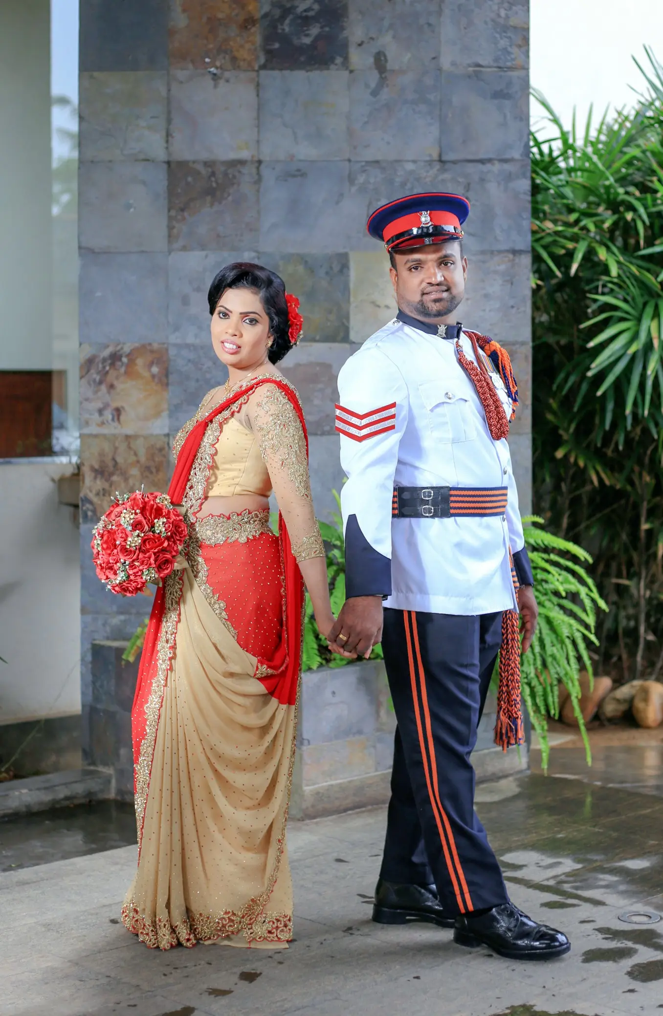 Portrait of a radiant bride amidst lush greenery.