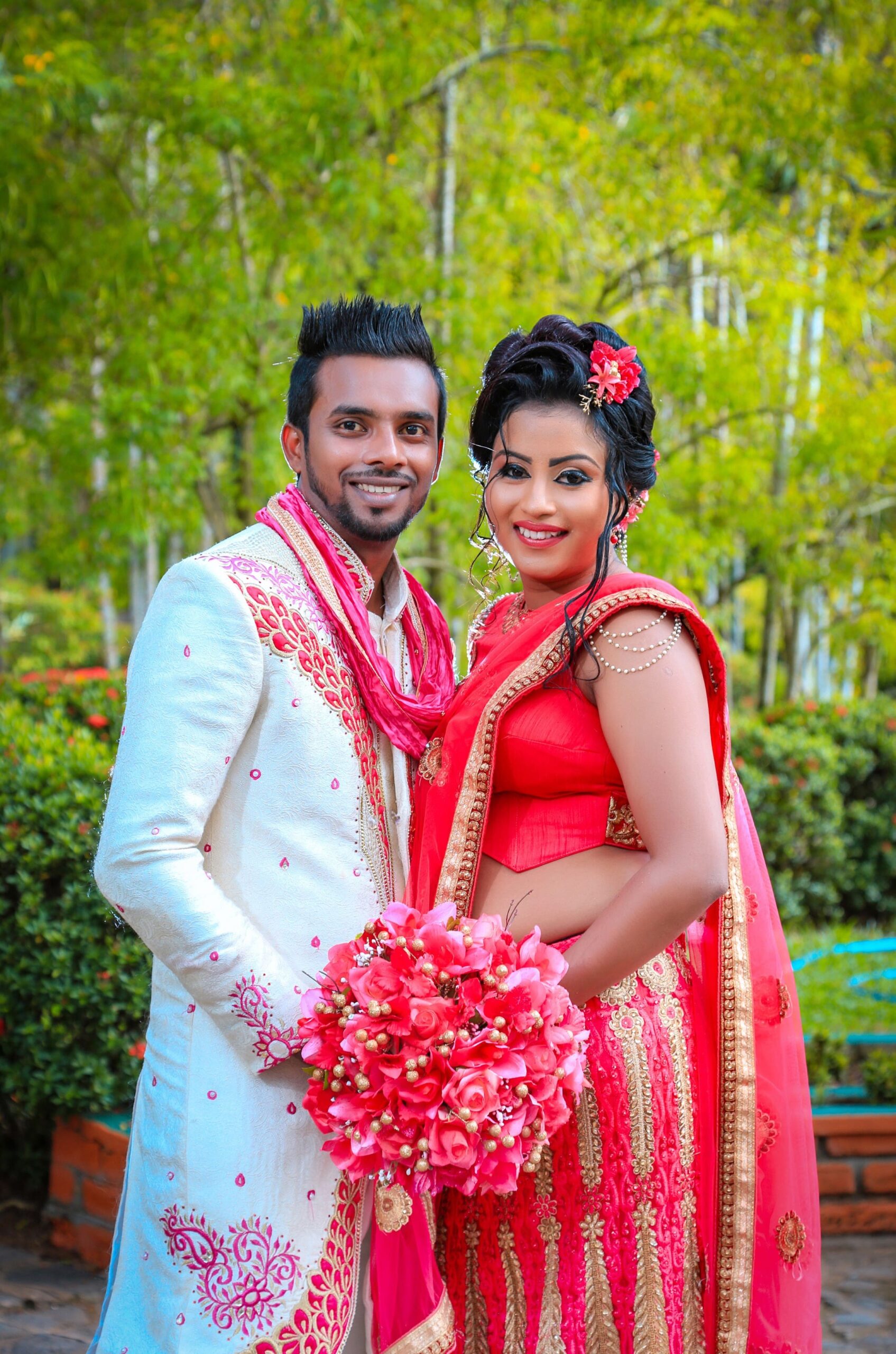 Homecoming wedding couple photo in greenish background