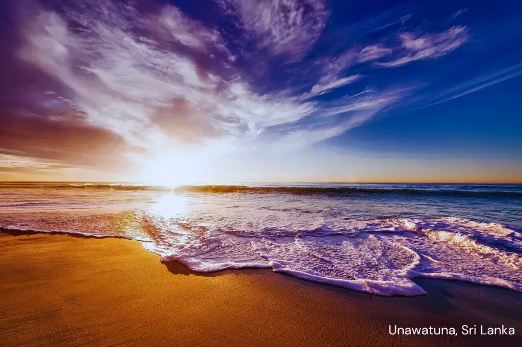 Stunning Unawatuna Beach in Sri Lanka, known for its pristine sands and turquoise waters.