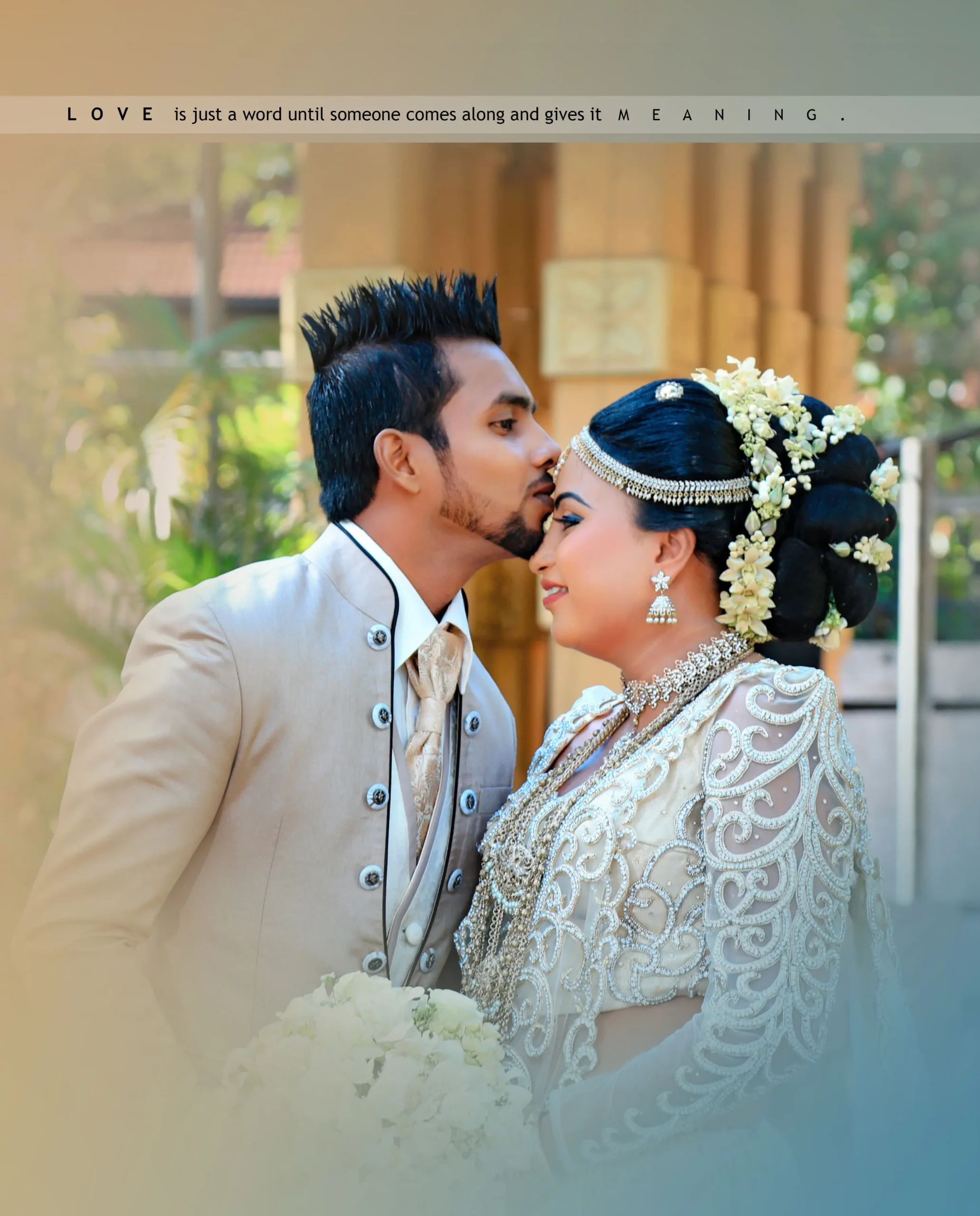 Bride and groom sharing a kiss by a serene lake.