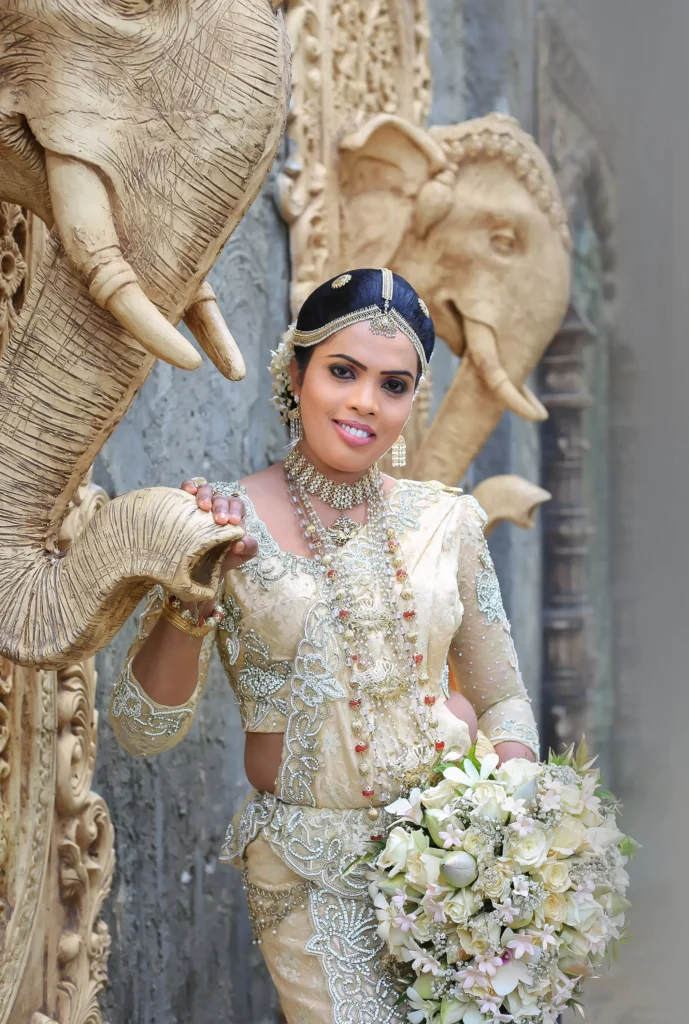 Close-up of bride's intricate wedding dress details