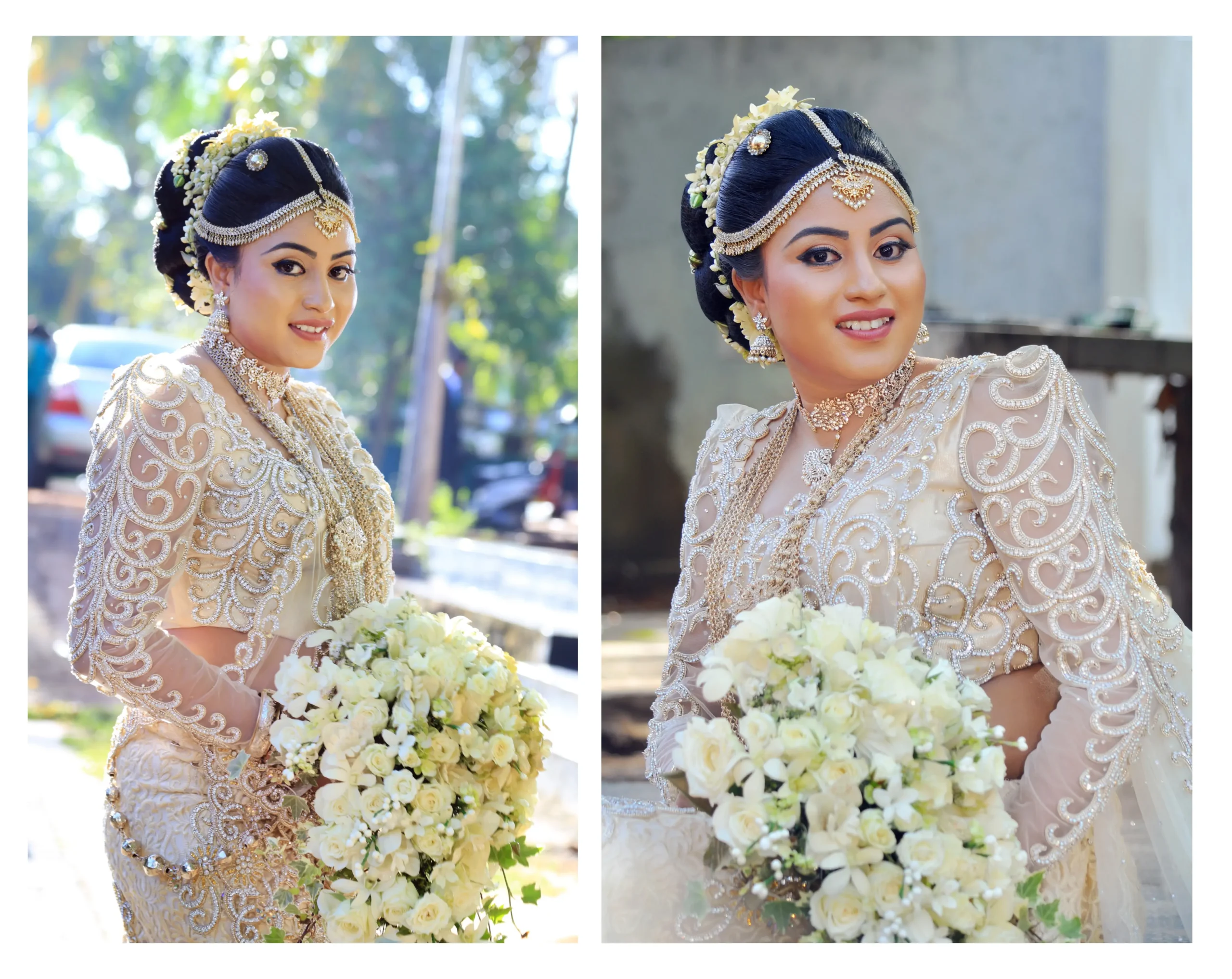 Bride holding her dress while standing on a wooden bridge.